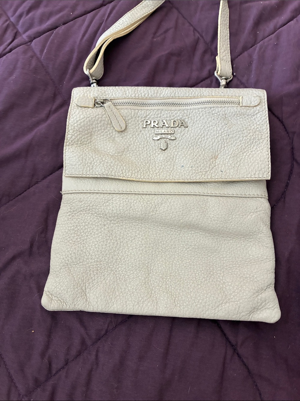 Prada Beige Pebbled Leather Crossbody Bag